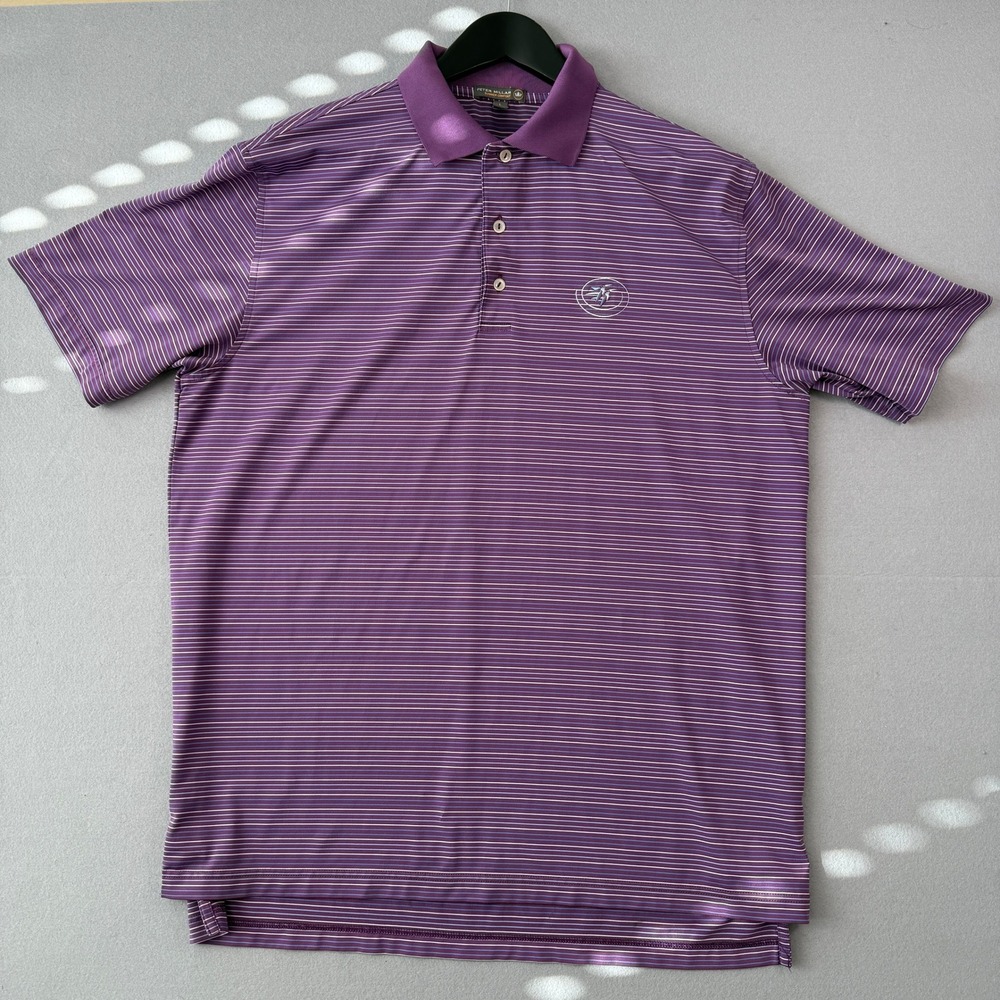 Peter Millar Summer Comfort Polo Shirt Mens L Purple Stripe Stretch Golf Logo